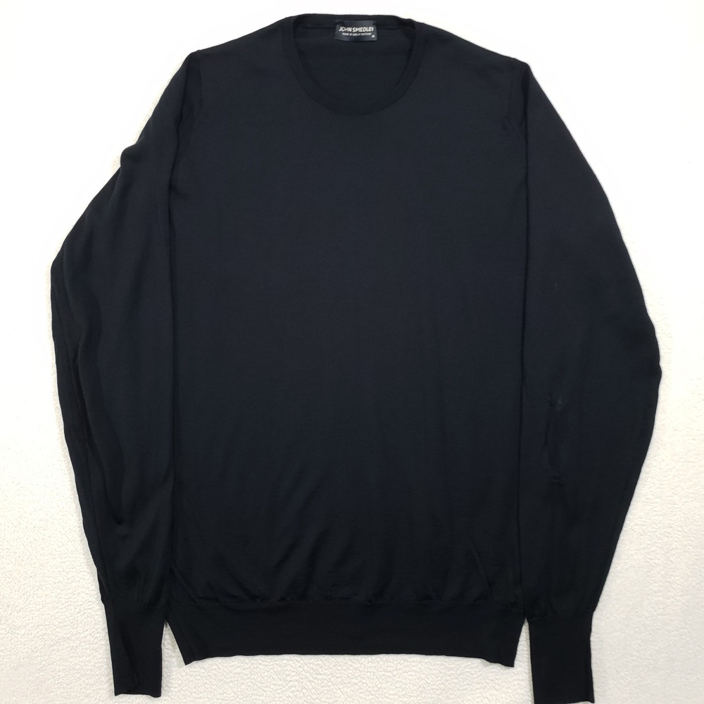 John Smedley Sweater Mens XL Black Crew Neck Knit Pullover Flawed Made in GB